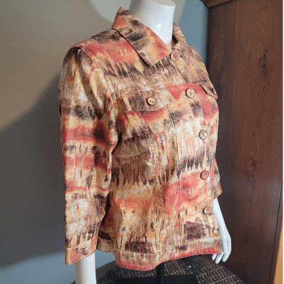 Chico’s Orange Gold Metallic Abstract Blazer Jacket Large Artsy Graphic Shimmer - Picture 9 of 9